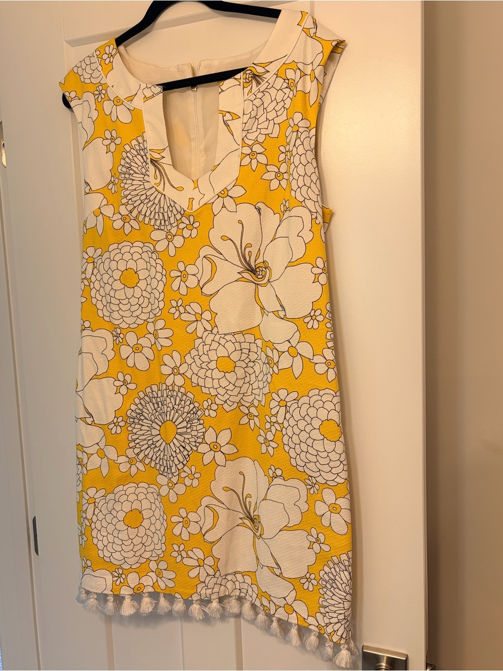 Trina Turk Yellow & White Floral Shift Dress with Tassel Trim